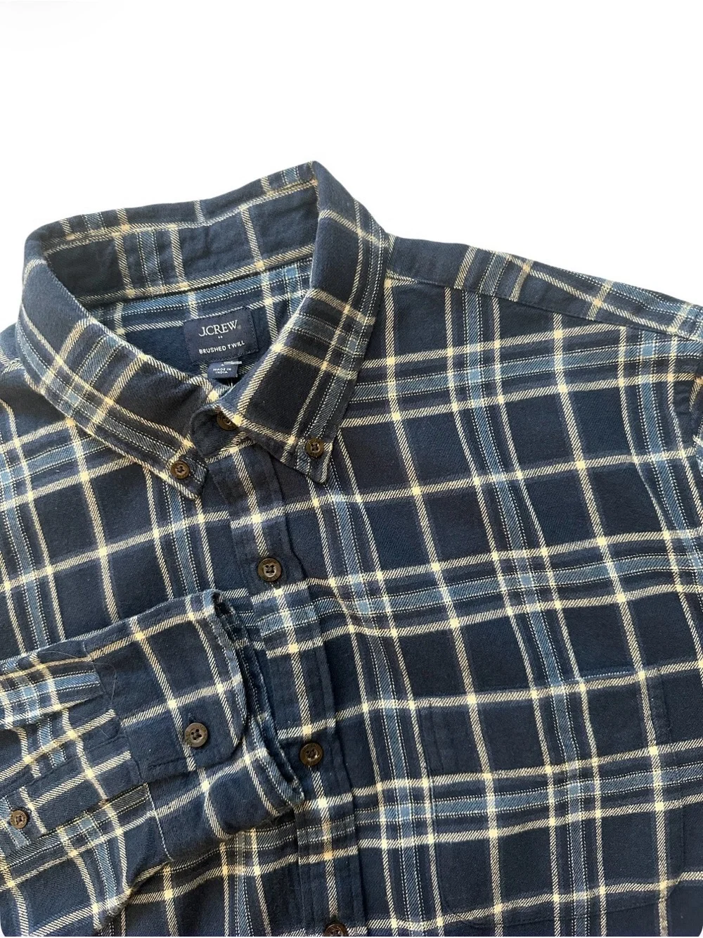 J. Crew Brushed Twill Navy and Cream Plaid Long-Sleeve Button-Down Shirt man L